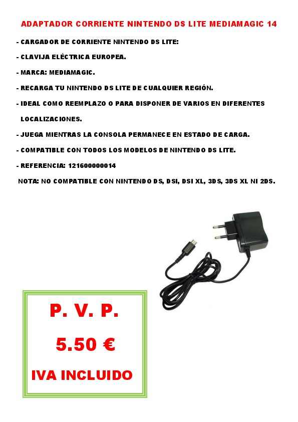 ADAPTADOR CORRIENTE NINTENDO DS LITE MEDIAMAGIC 14