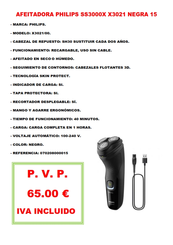 AFEITADORA PHILIPS SS3000X X3021 NEGRA 15