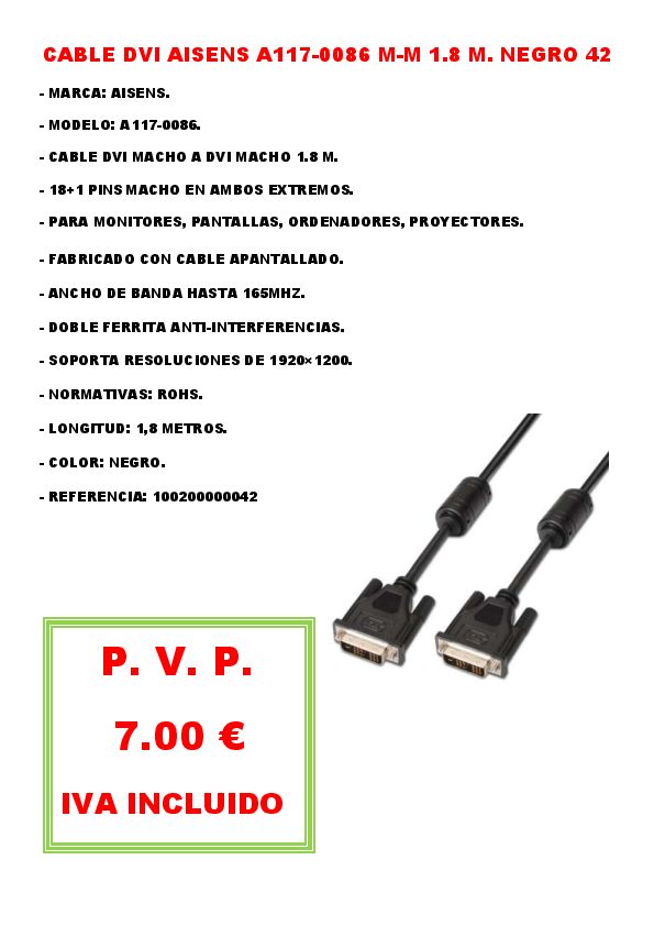 CABLE DVI AISENS A117-0086 M-M 1.8 M. NEGRO 42