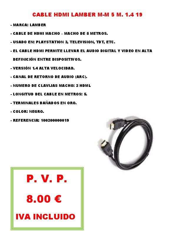 CABLE HDMI LAMBER M-M 5 M. 1.4 19