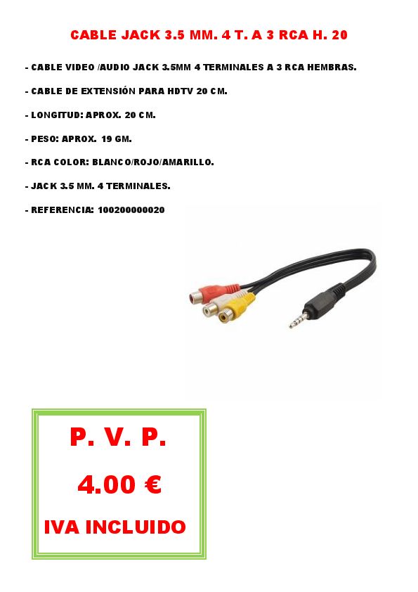 CABLE JACK 3.5 MM. 4 T. A 3 RCA H. 20