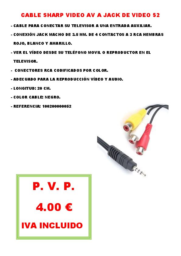 CABLE SHARP VIDEO AV A JACK DE VIDEO 52