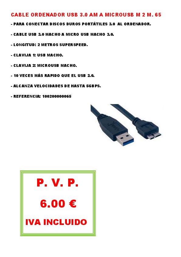 CABLE ORDENADOR USB 3.0 AM A MICROUSB M 2 M. 65