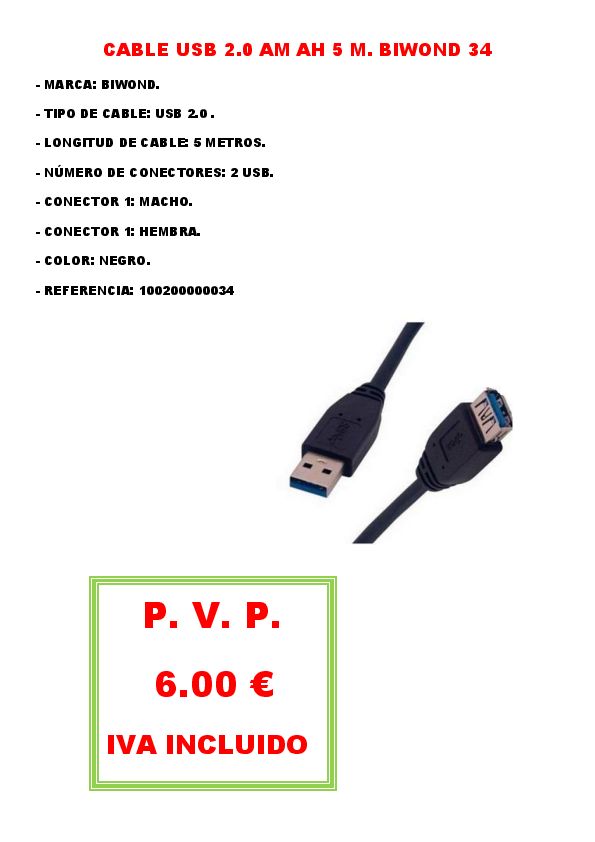 CABLE USB 2.0 AM AH 5 M. BIWOND 34 