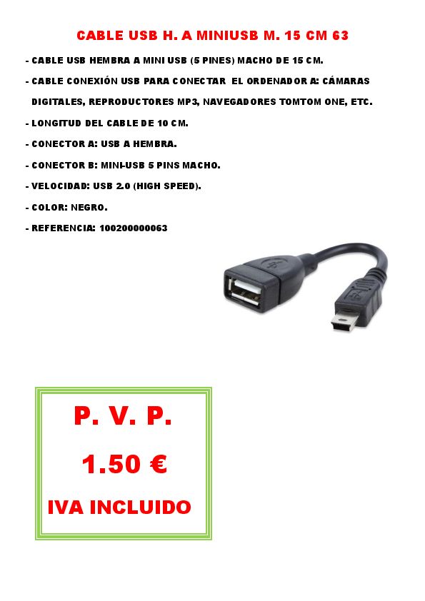 CABLE USB H. A MINIUSB  M. 15 CM 63 