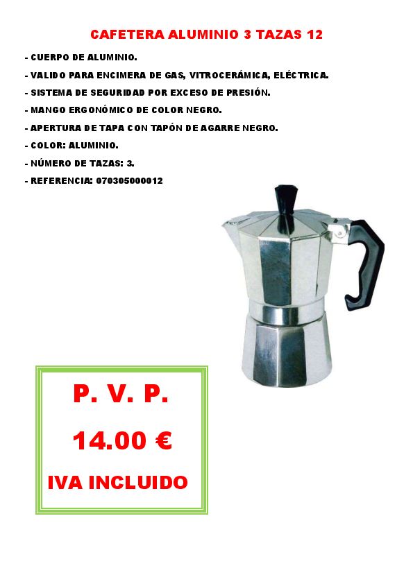CAFETERA ALUMINIO 3 TAZAS 12