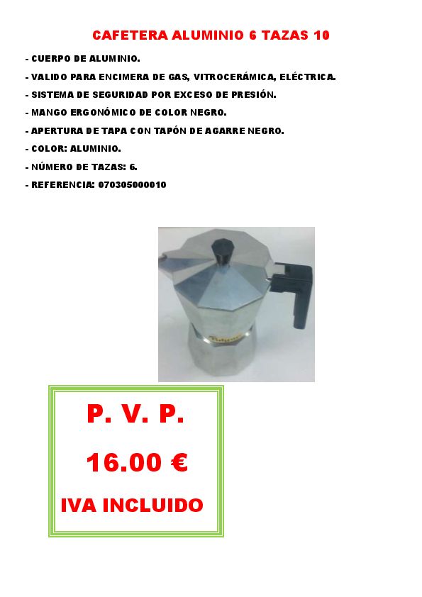 CAFETERA ALUMINIO VALIRA 6 TAZAS 10