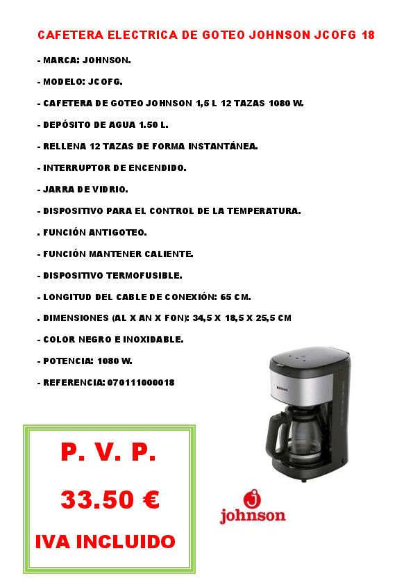 CAFETERA ELECTRICA DE GOTEO JOHNSON JCOFG 18