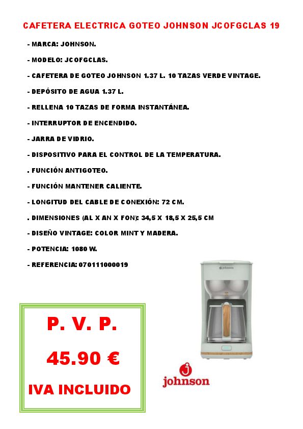 CAFETERA ELECTRICA GOTEO JOHNSON JCOFGCLAS 19
