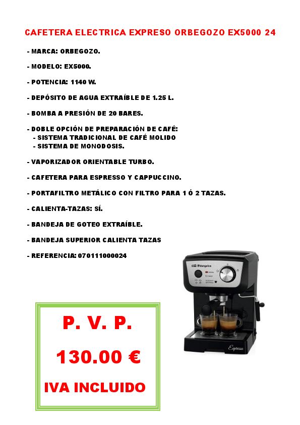 CAFETERA ELECTRICA EXPRESO ORBEGOZO EX5000 24