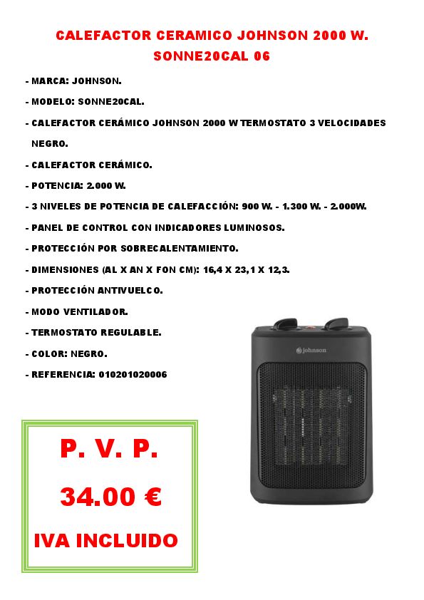 CALEFACTOR CERAMICO JOHNSON 2000 W. SONNE20CAL 06