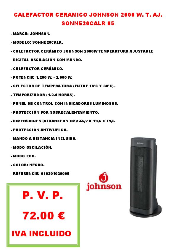CALEFACTOR CERAMICO JOHNSON 2000 W. T. AJ. SONNE20CALR 05