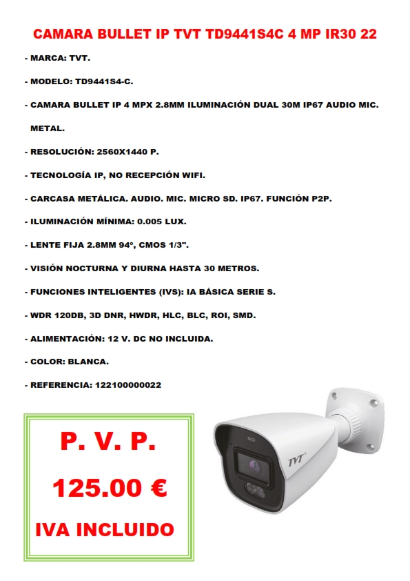 CAMARA BULLET IP TVT TD9441S4C 4 MP IR30 22