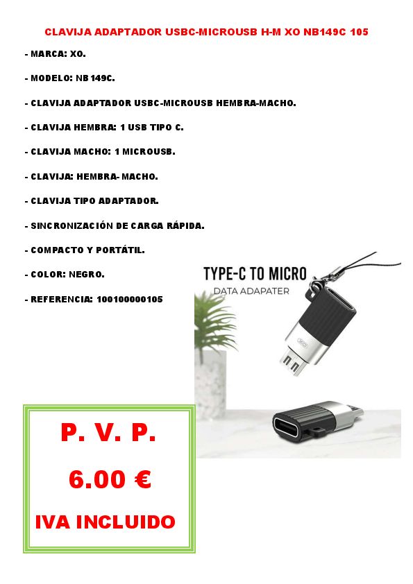 CLAVIJA ADAPTADOR USBC-MICROUSB H-M XO NB149C 107