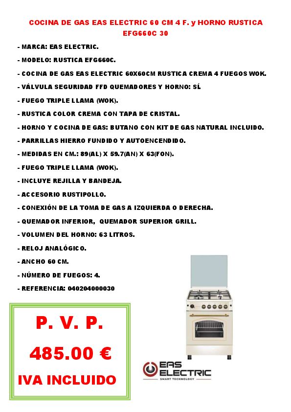 COCINA DE GAS EAS ELECTRIC 60 CM 4 F. y HORNO RUSTICA EFG660C 30