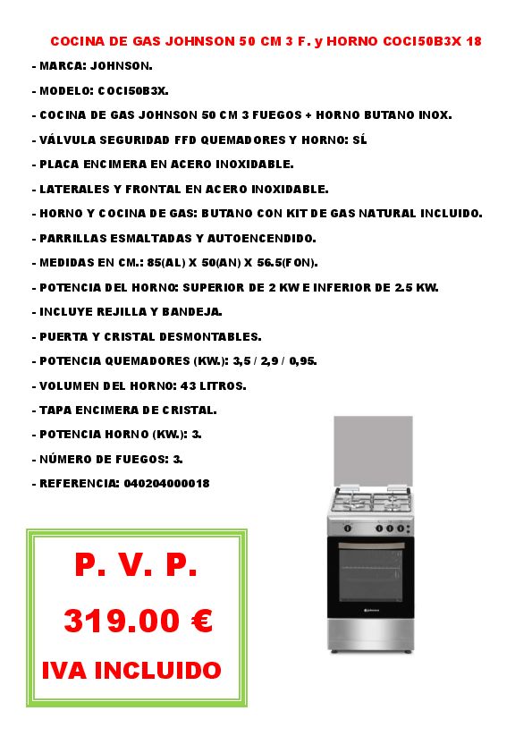 COCINA DE GAS JOHNSON 50 CM 3 F. y HORNO COCI50B3X 18