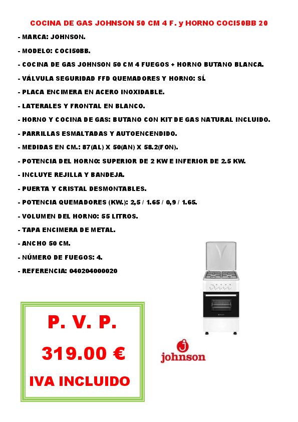 COCINA DE GAS JOHNSON 50 CM 4 F. y HORNO COCI50BB 20