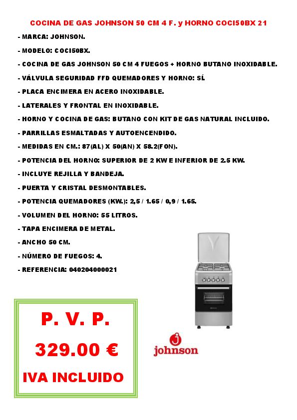 COCINA DE GAS JOHNSON 50 CM 4 F. y HORNO COCI50BX 21