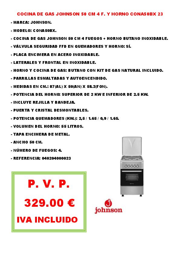 COCINA DE GAS JOHNSON 50 CM 4 F. Y HORNO CONA50BX 23