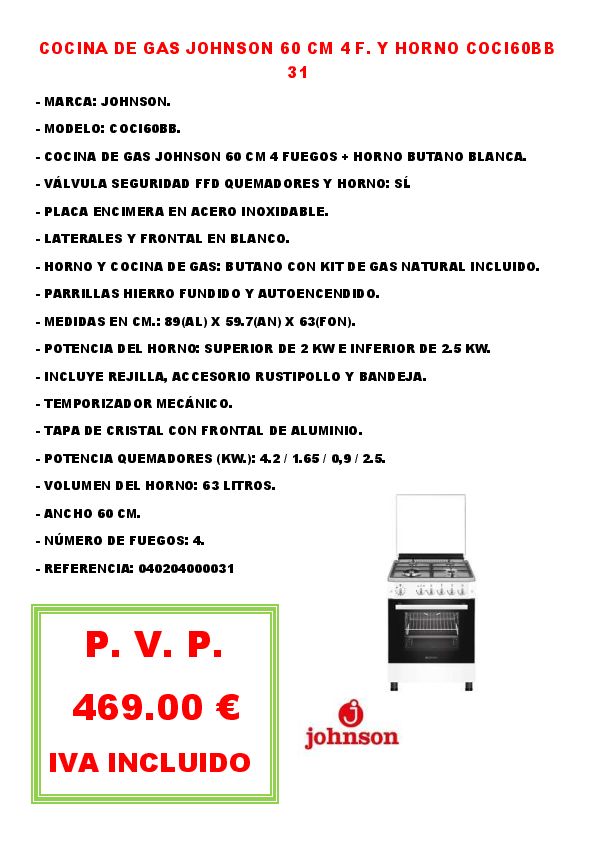 COCINA DE GAS JOHNSON 60 CM 4 F. Y HORNO COCI60BB 31