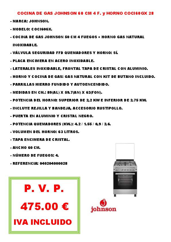COCINA DE GAS JOHNSON 60 CM 4 F. y HORNO COCI60GX 28