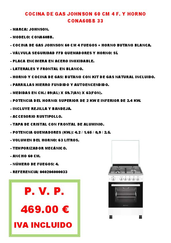COCINA DE GAS JOHNSON 60 CM 4 F. Y HORNO CONA60BB 33