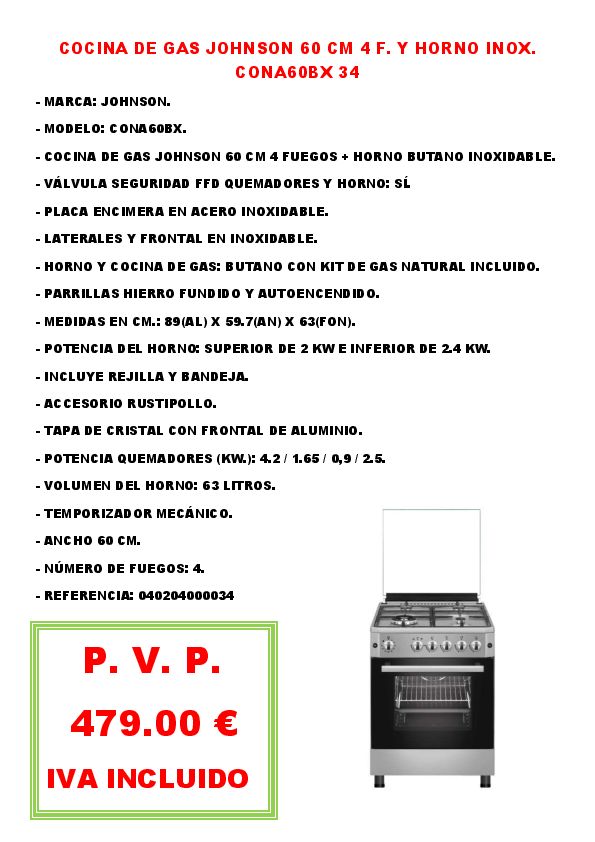 COCINA DE GAS JOHNSON 60 CM 4 F. Y HORNO INOX. CONA60BX 34