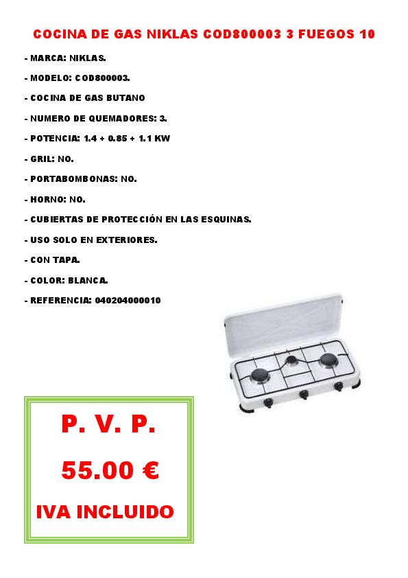 COCINA DE GAS NIKLAS COD800003 3 FUEGOS 10