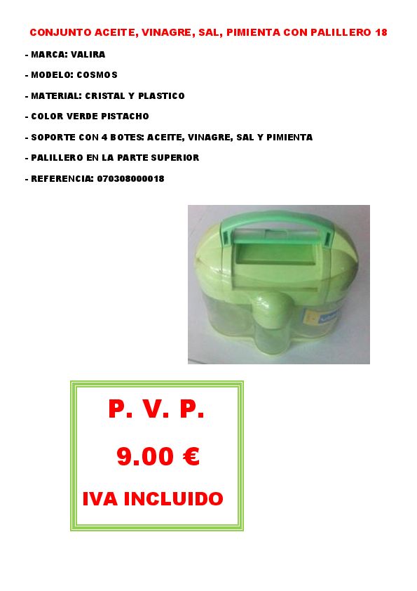 CONJUNTO ACEITE VINAGRE SAL PIMIENTA CON PALILLERO 18