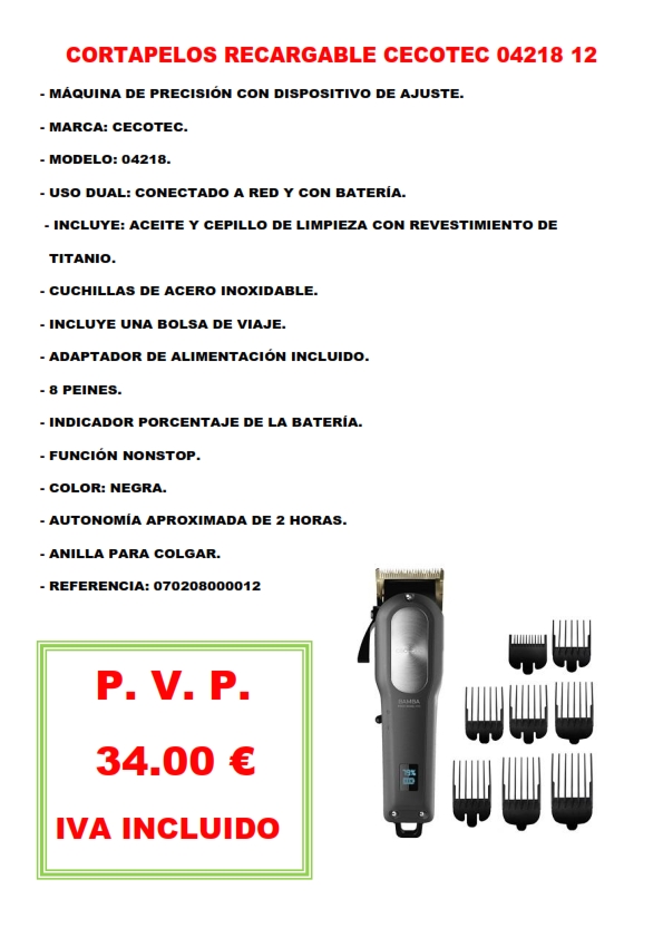 CORTAPELOS RECARGABLE CECOTEC 04218 12