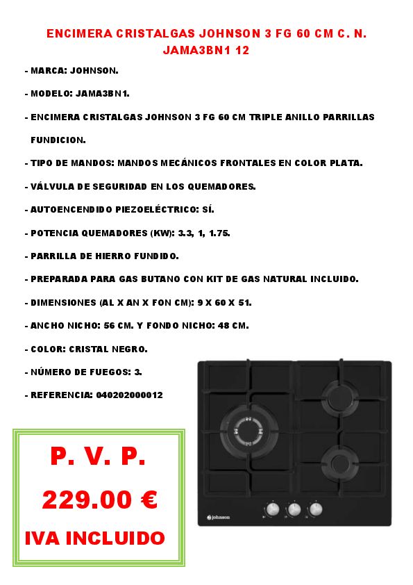 ENCIMERA CRISTALGAS JOHNSON 3 FG 60 CM C. N. JAMA3BN1 12