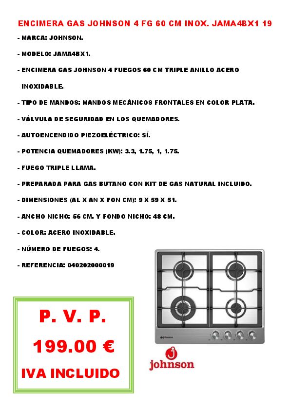 ENCIMERA GAS JOHNSON 4 FG 60 CM INOX. JAMA4BX1 19