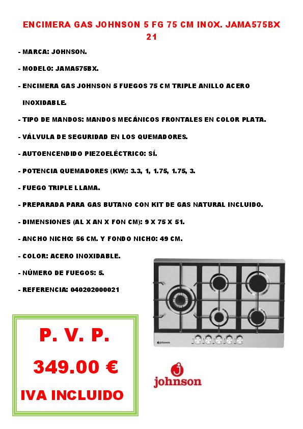 ENCIMERA GAS JOHNSON 5 FG 75 CM INOX. JAMA575BX 21