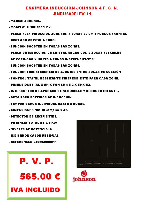 ENCIMERA INDUCCION JOHNSON 4 F. C. N. JINDU600FLEX 11