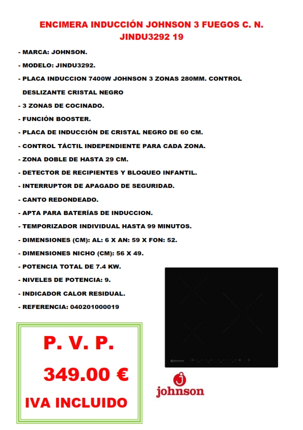 ENCIMERA INDUCCIÓN JOHNSON 3 FUEGOS C. N. JINDU3292 19