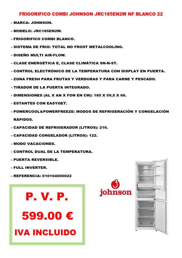 FRIGORIFICO COMBI JOHNSON JRC185EN2W NF BLANCO 22