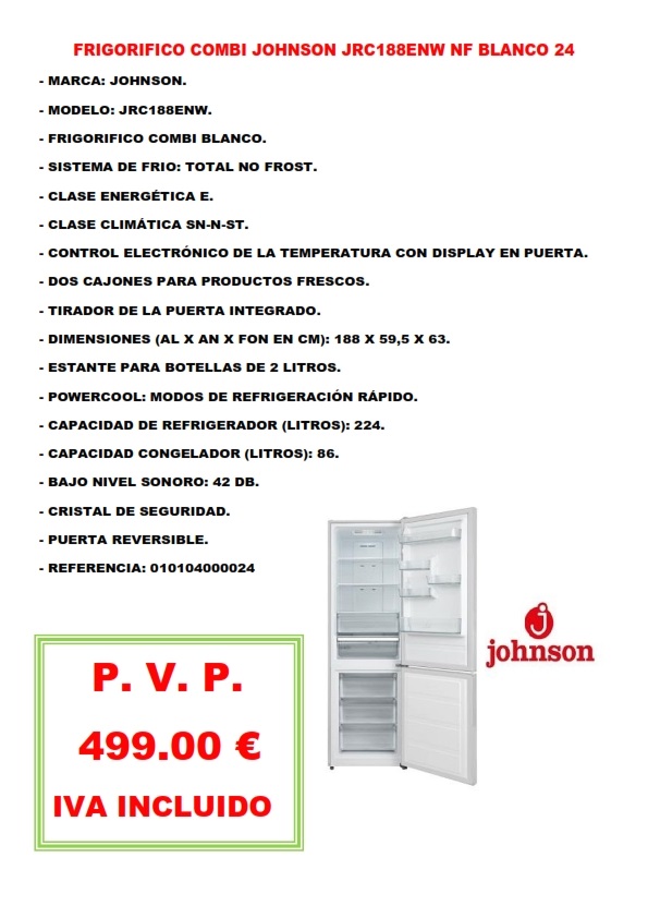 FRIGORIFICO COMBI JOHNSON JRC188ENW NF BLANCO 24