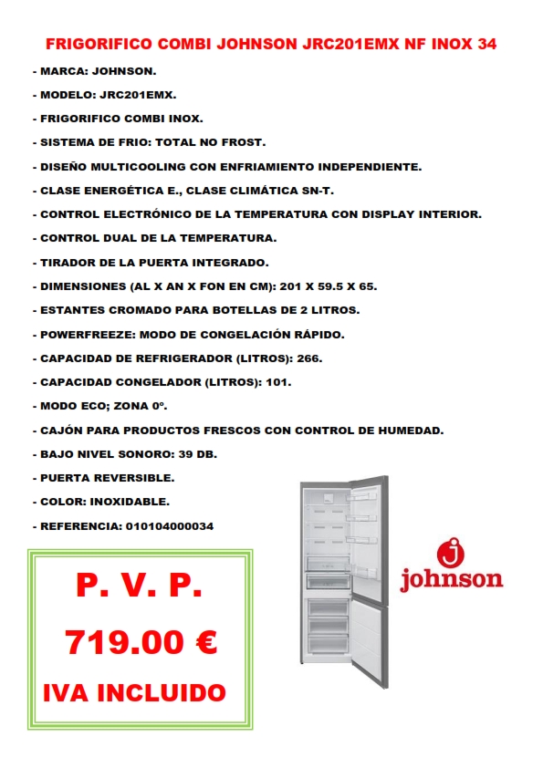 FRIGORIFICO COMBI JOHNSON JRC201EMX NF INOX 34