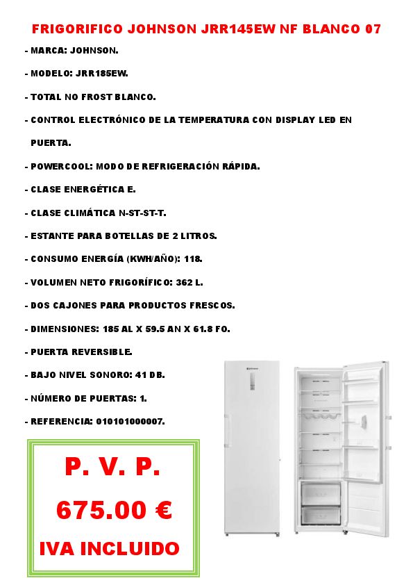 FRIGORIFICO JOHNSON JRR145EW NF BLANCO 07