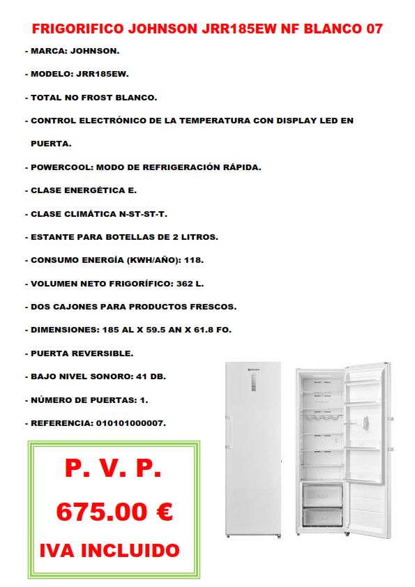FRIGORIFICO JOHNSON JRR185EW NF BLANCO 07