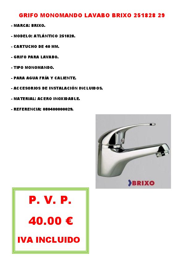 GRIFO MONOMANDO LAVABO BRIXO 251828 29