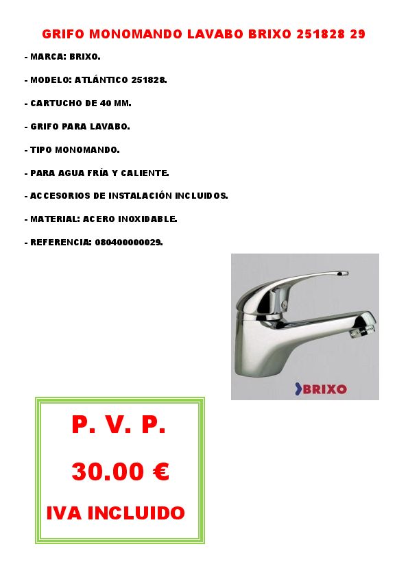 GRIFO MONOMANDO LAVABO BRIXO 251828 29