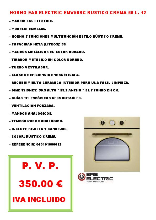HORNO EAS ELECTRIC EMV56RC RUSTICO CREMA 56 L. 12