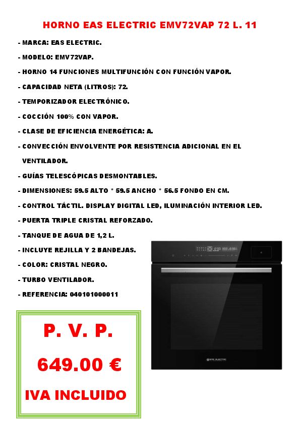 HORNO EAS ELECTRIC EMV72VAP 72 L. 11