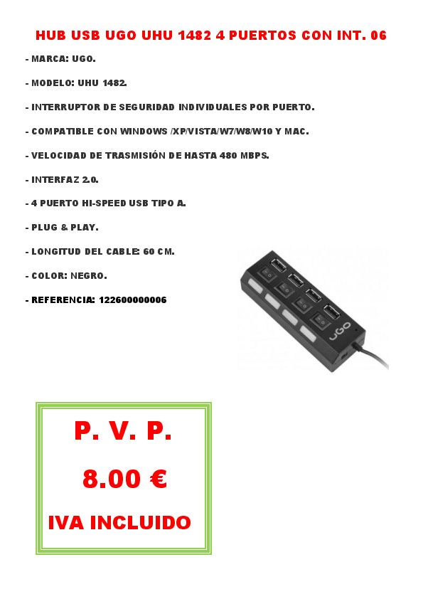 HUB USB UGO UHU 1482 4 PUERTOS CON INT. 06