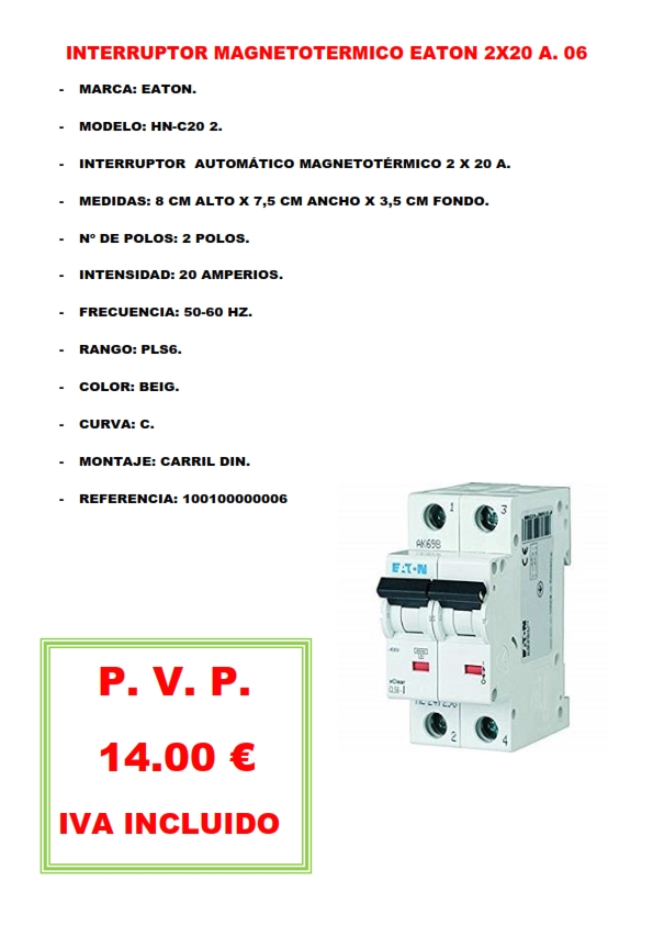 INTERRUPTOR MAGNETOTERMICO EATON 2X20 A. 06