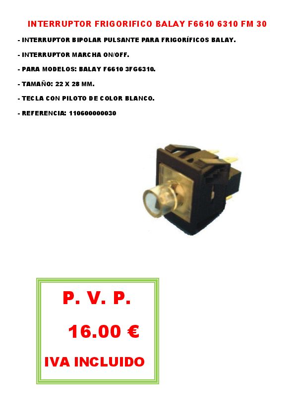 INTERRUPTOR FRIGORIFICO BALAY F6610 6310 FM 30