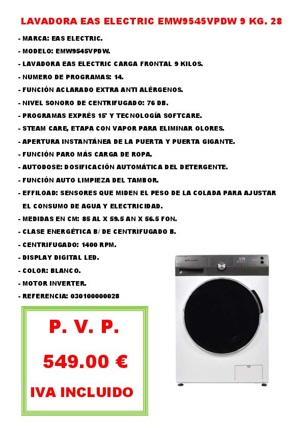 LAVADORA EAS ELECTRIC EMW9545VPDW 9 KG. 28