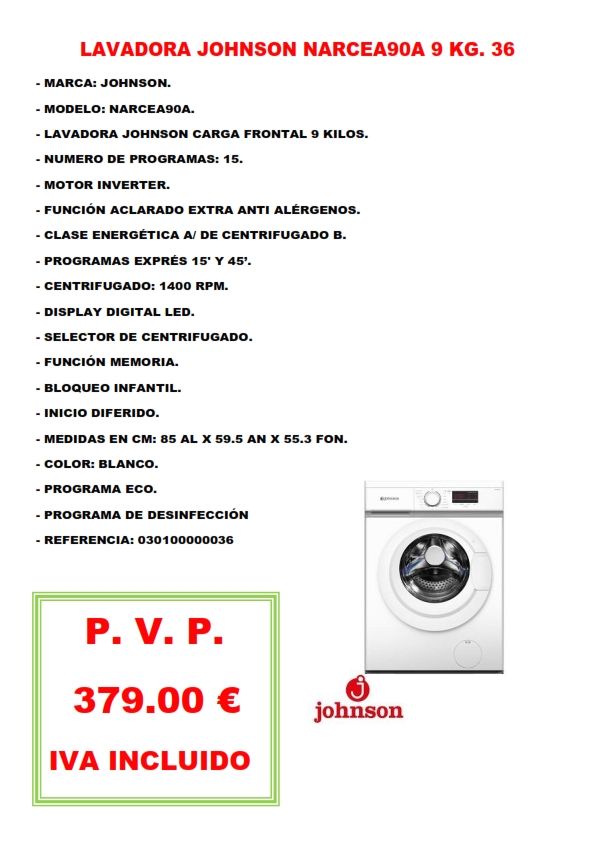 LAVADORA JOHNSON NARCEA90A 9 KG. 36