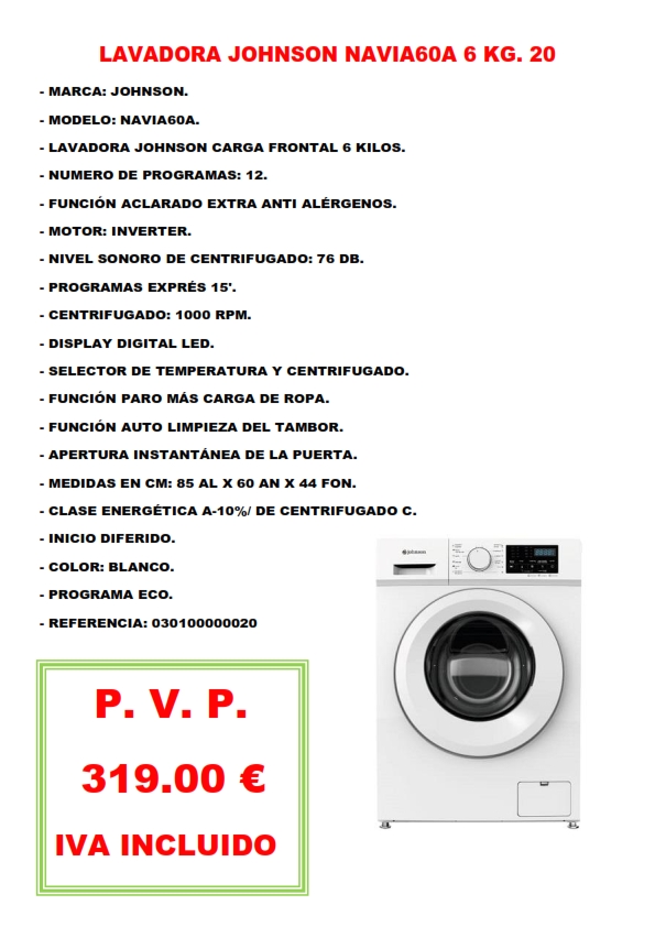 LAVADORA JOHNSON NAVIA60A 6 KG. 20